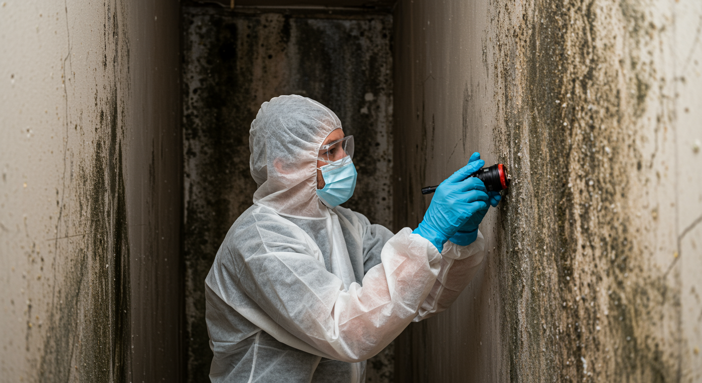 A technician in protective gear inspecting a wall for mold growth after water damage. The background shows water stains and dampness, emphasizing the need for professional mold remediation.